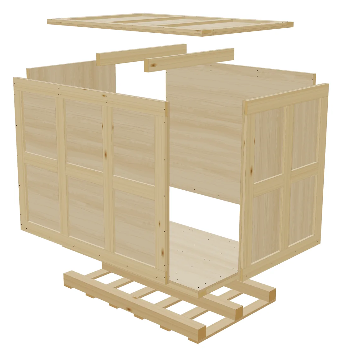 An exploded machine crate showing the lid, cross struts, wall panels with cleats, the floor and the skid base.