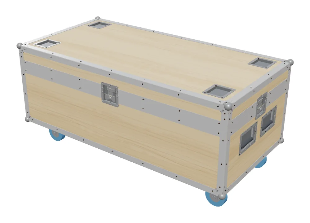 A roadcase with aluminum angle and lid-and-base extrusion, ball corners, recessed latches and casters.