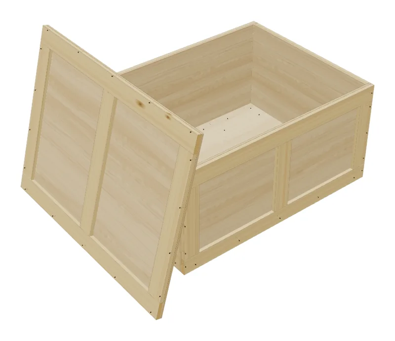 An open cleated plywood crate with its cleated lid leaning against the end.