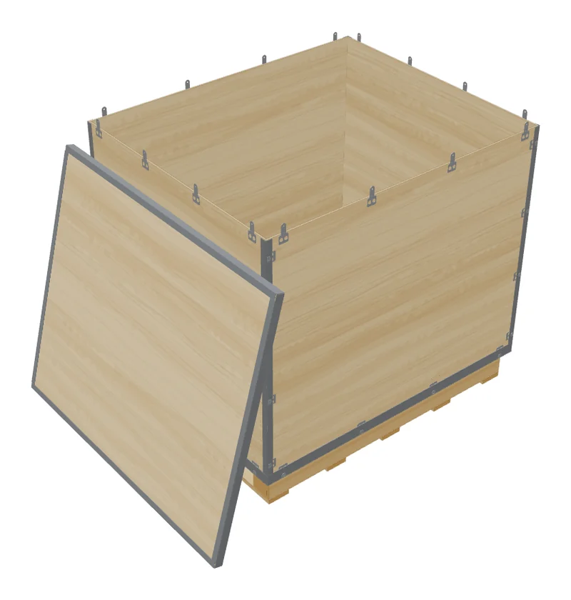 An open steel-edged crate with steel corner angles, its steel-edged lid leaning against the end.